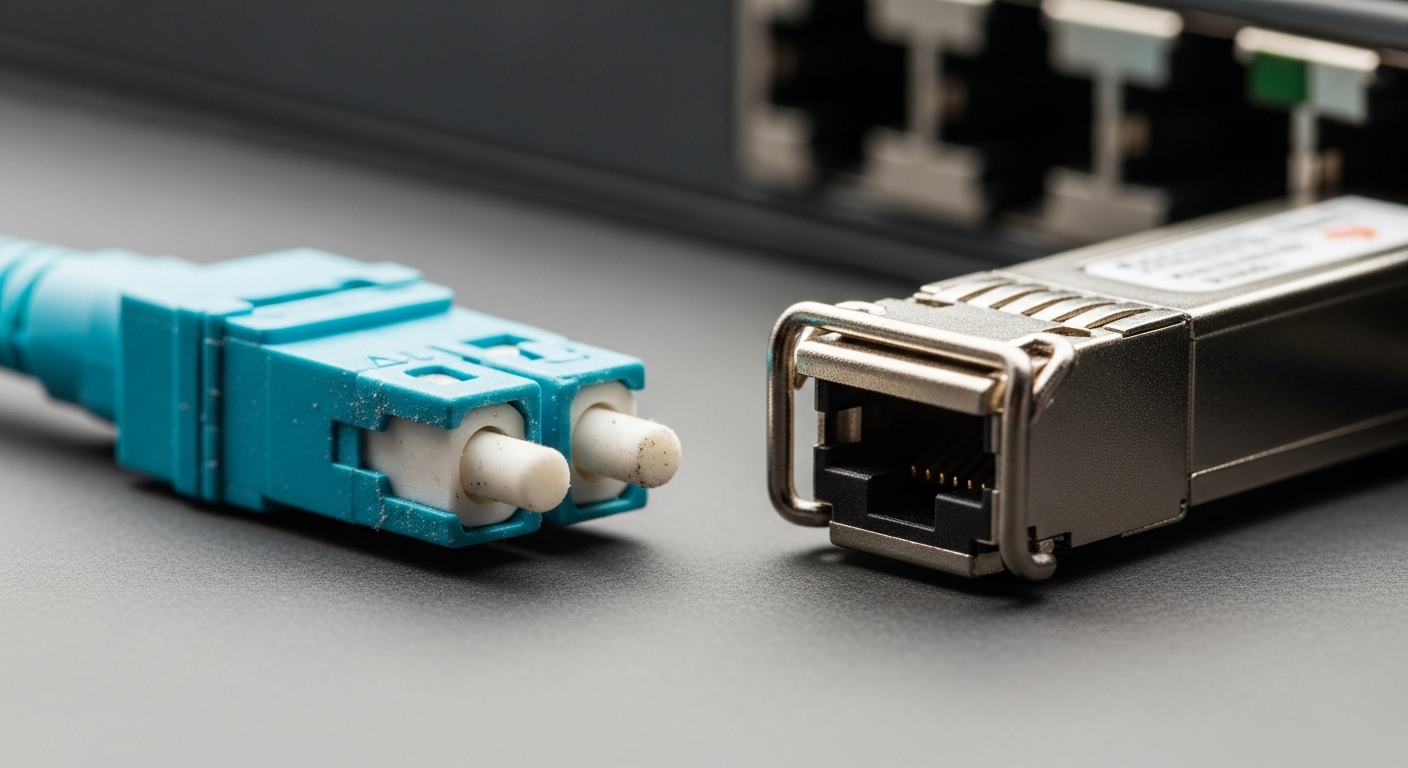 Macro photography of an LC duplex fiber connector with visible dust particles, next to a small SFP+ transceiver inserted in a