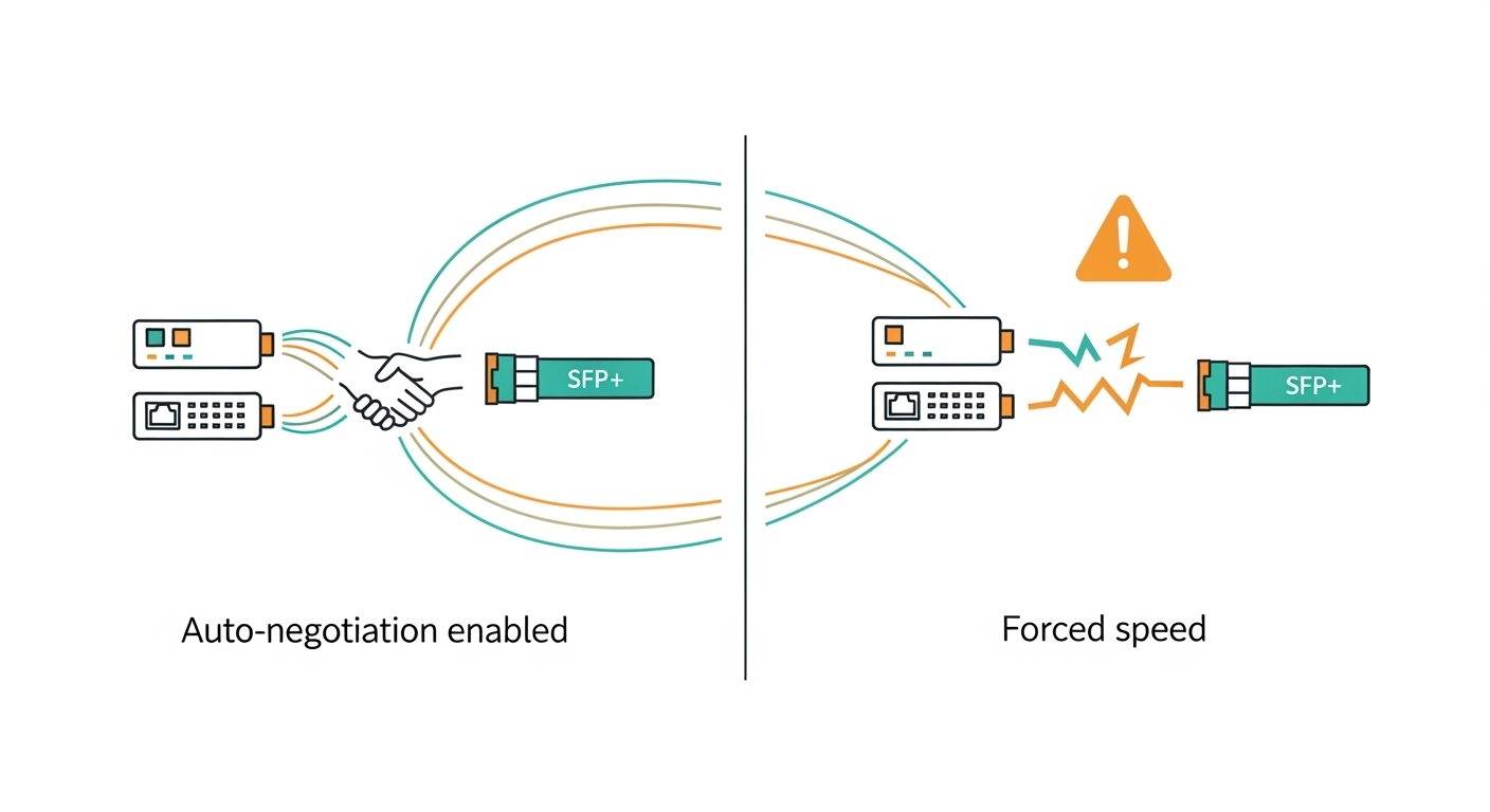 Clean vector illustration comparing two network diagrams, left side labeled “Auto-negotiation enabled” with smooth handshake 