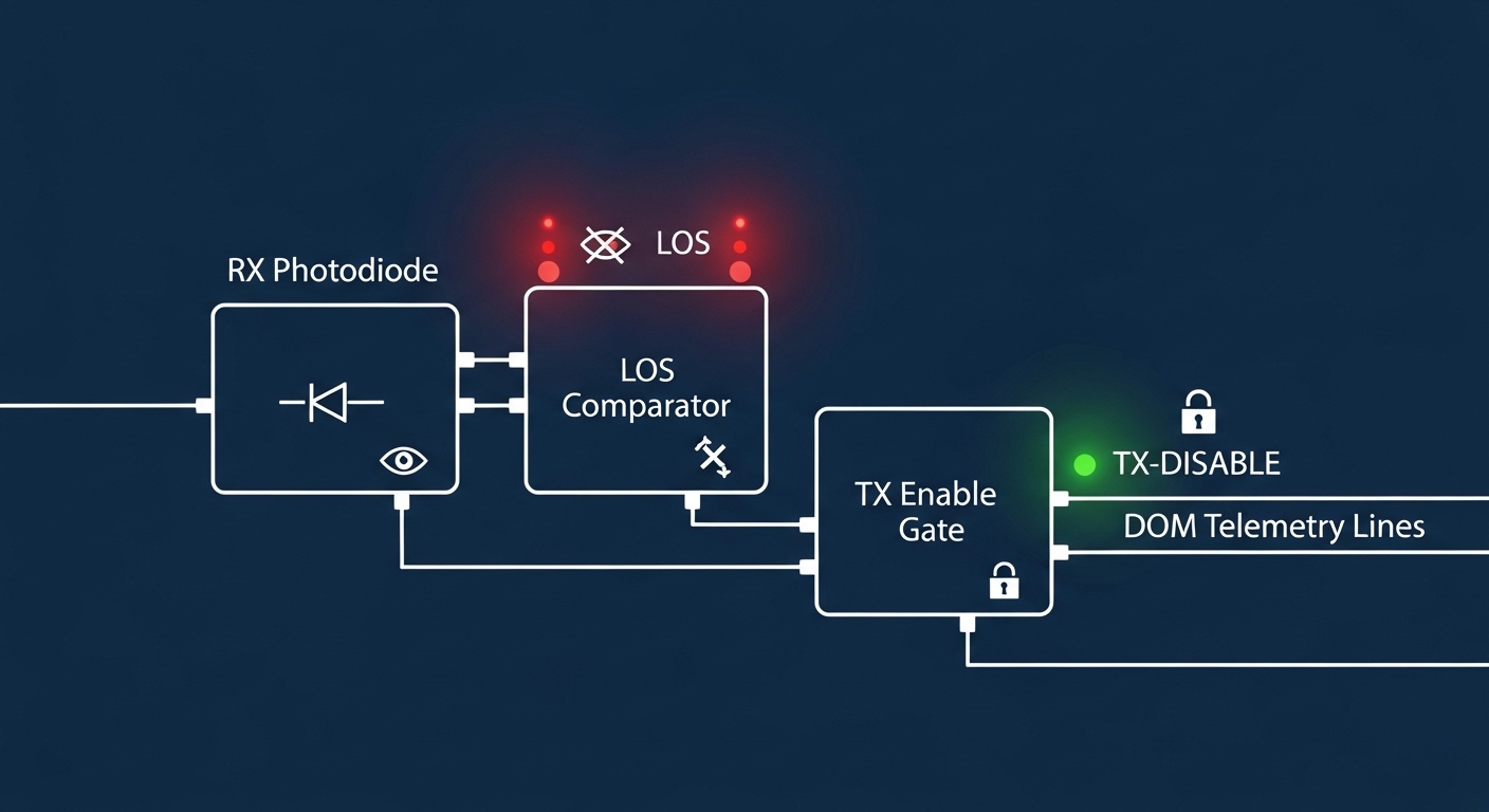 Concept illustration of a simplified SFP+ module block diagram showing RX photodiode, LOS comparator, TX enable gate, and DOM