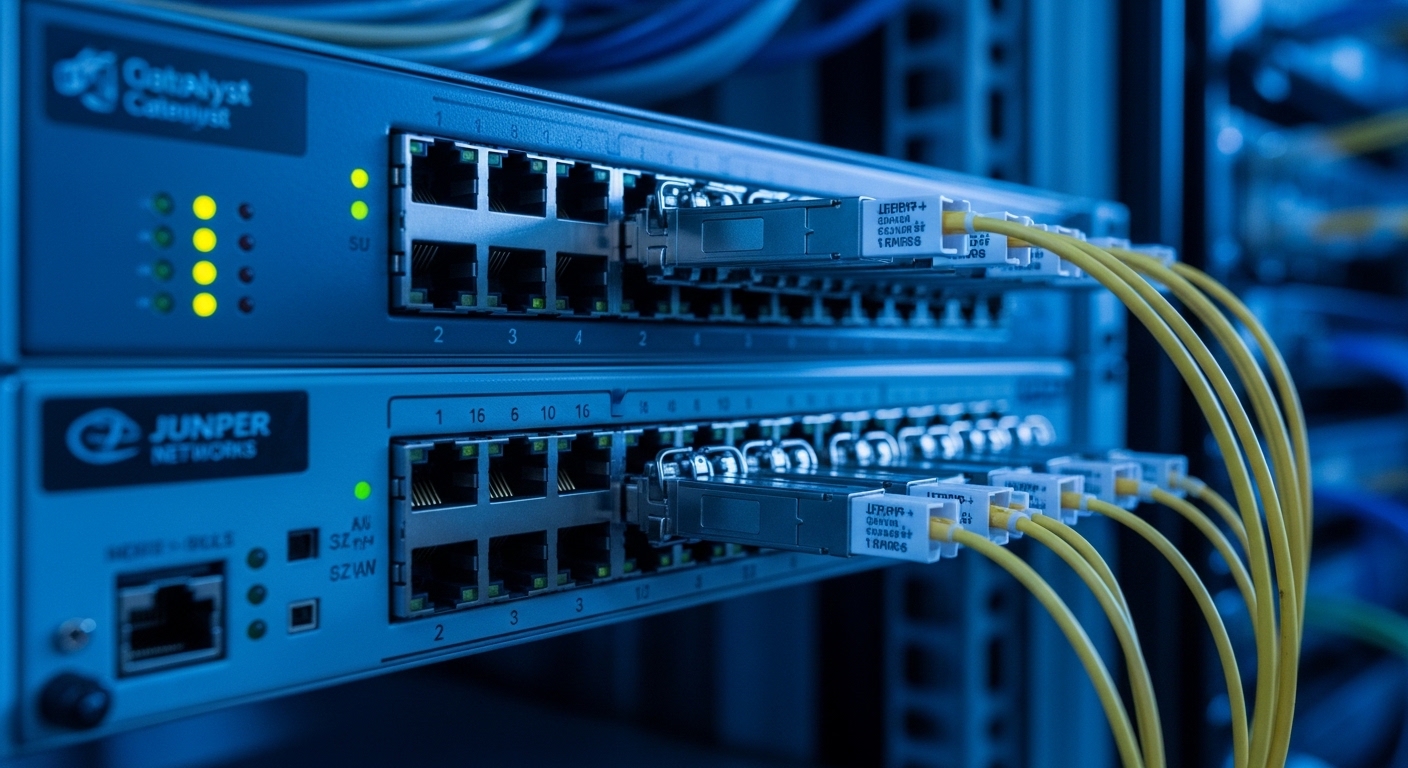 A high-resolution photo of two stacked enterprise switches side-by-side in a server rack, focus on the front panel where SFP+