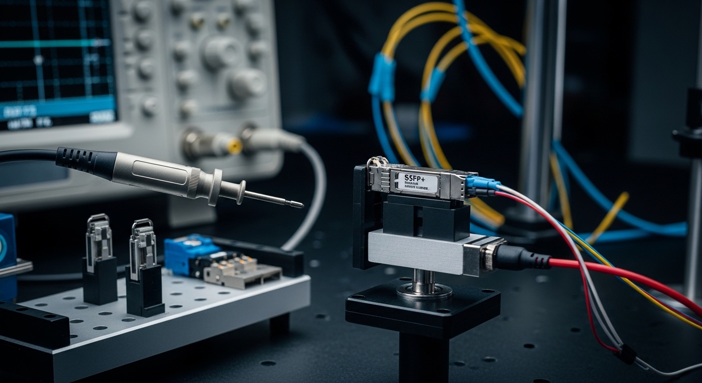 Realistic studio lighting image of an optical transceiver test setup, oscilloscope probe near an optical bench, an SFP+ modul