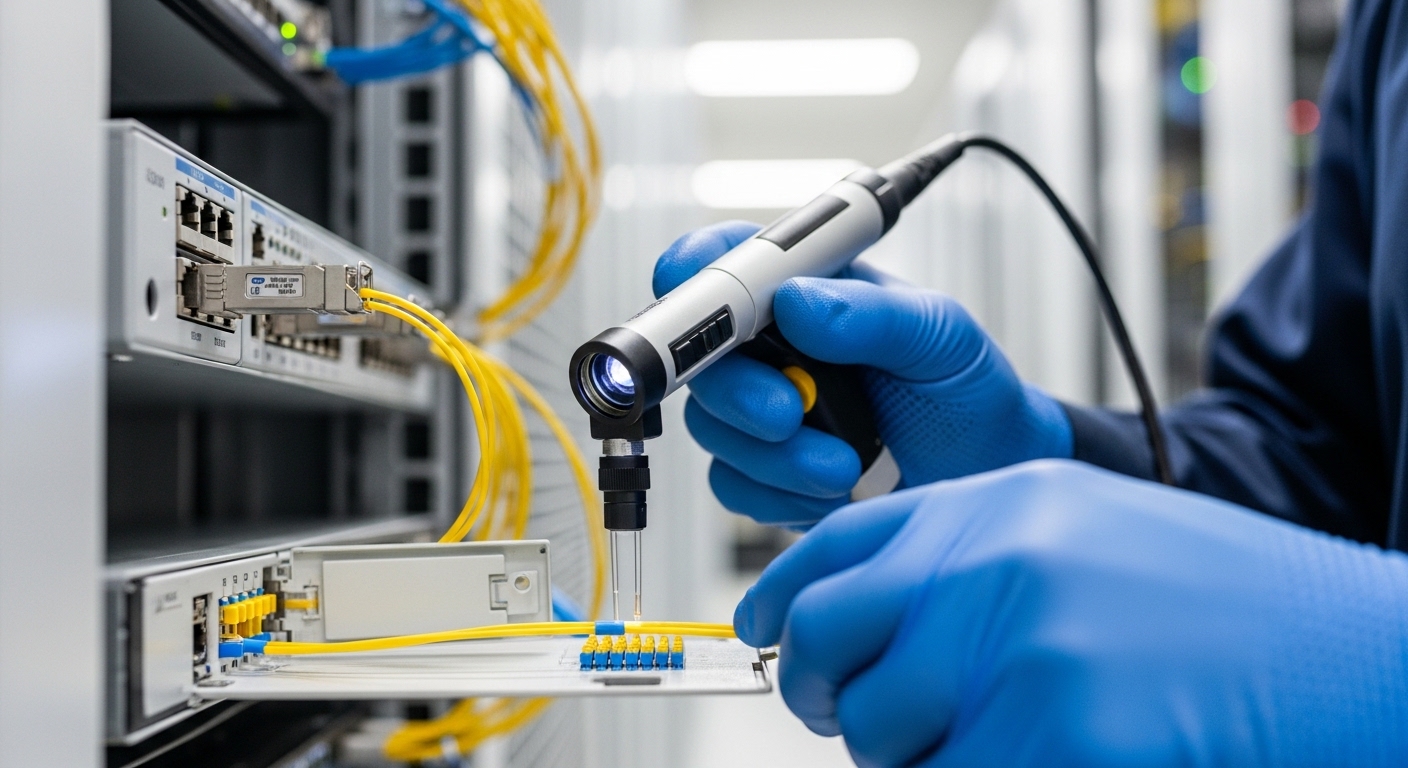 Real-world lifestyle scene of a network technician in a data center aisle wearing ESD-safe gloves, using an optical fiber ins