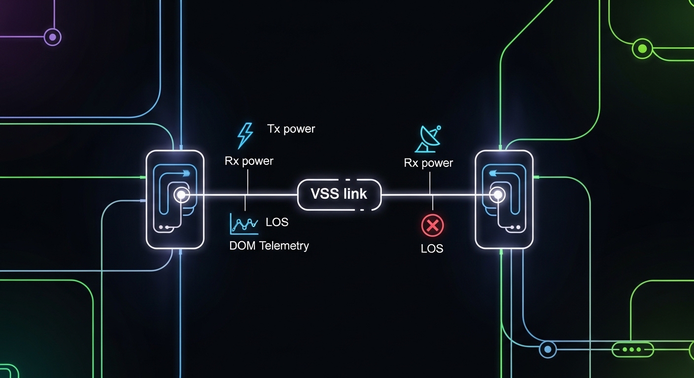 Concept art illustration of a network stack fabric diagram, with a glowing “VSS link” between two switch nodes, small icons r