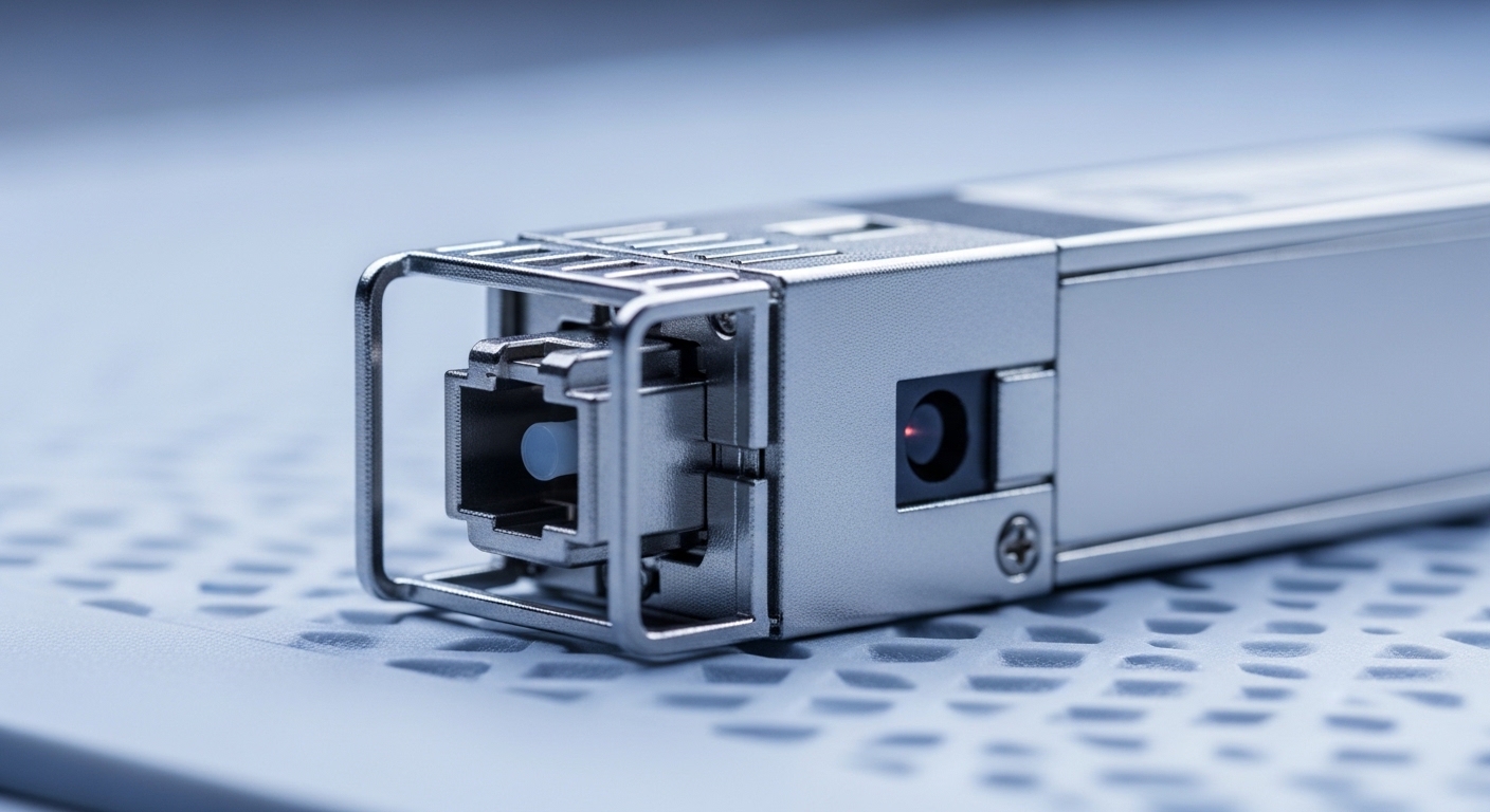 Macro photography of an optical transceiver module on an anti-static mat, showing cage, fiber receptacle, and laser aperture 