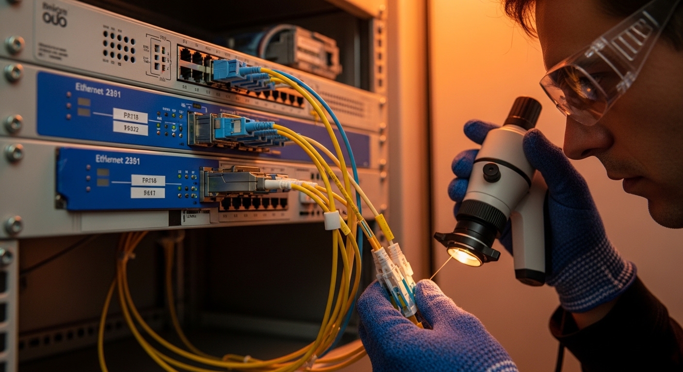 A realistic photography scene inside a utility substation telecom cabinet, showing a rack-mounted Ethernet switch with two fi