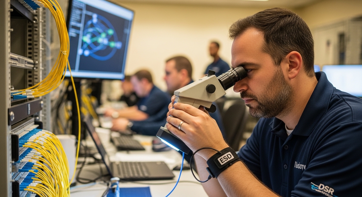 Lifestyle scene in an operations war room, an engineer wearing an ESD-safe wrist strap and using a fiber inspection microscop