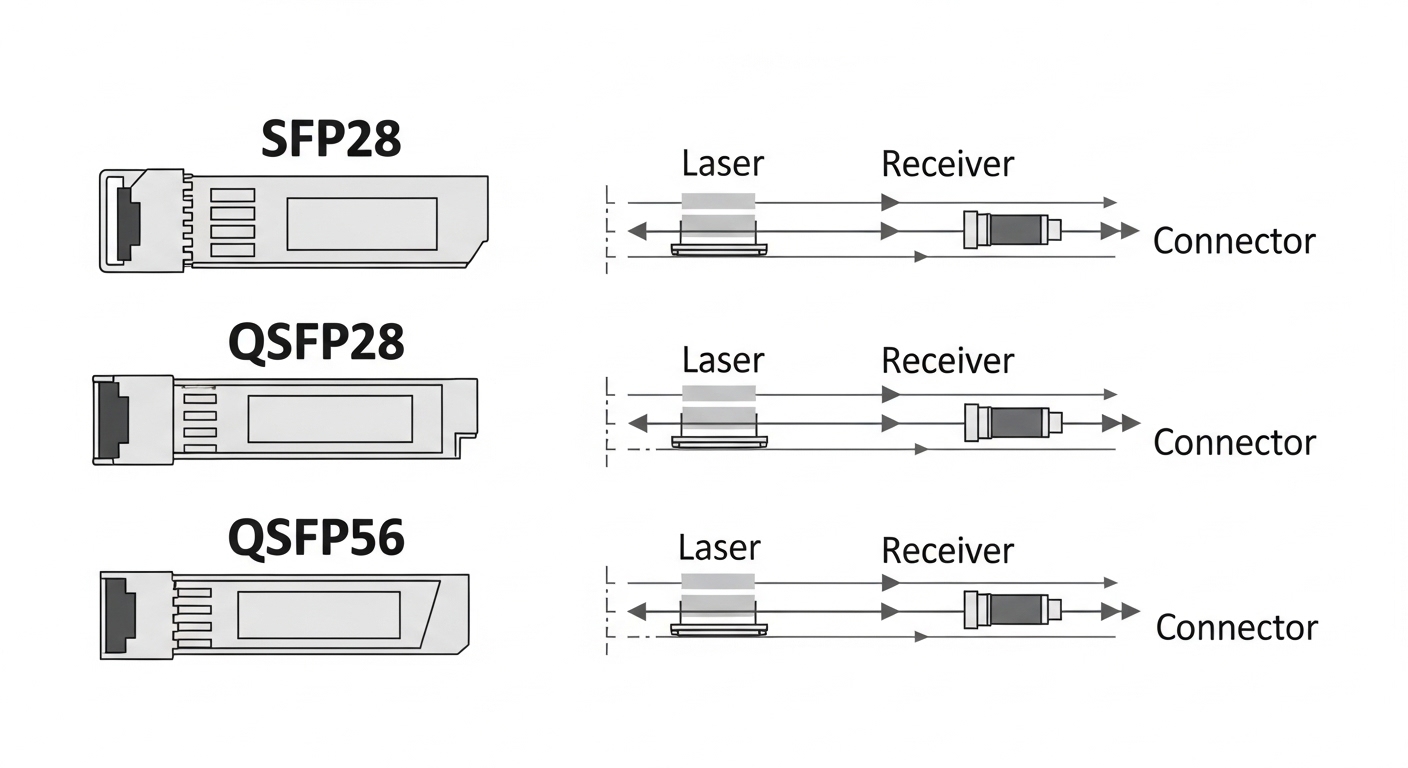 Clean line-art illustration comparing SFP, SFP28, QSFP28, and QSFP56 modules with arrows to laser, receiver, and connector zo