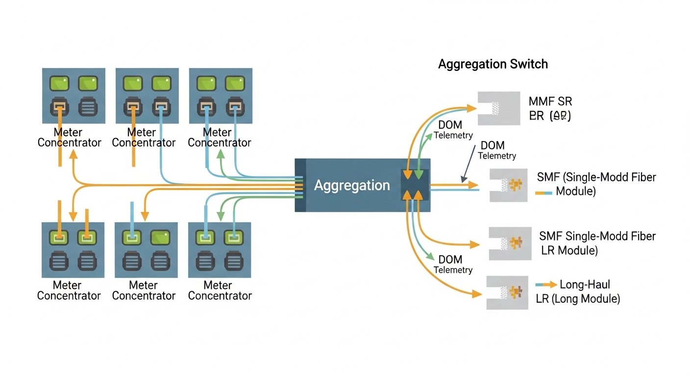 Clean technical illustration of an AMI network rack diagram, showing meter concentrators feeding into an aggregation switch v