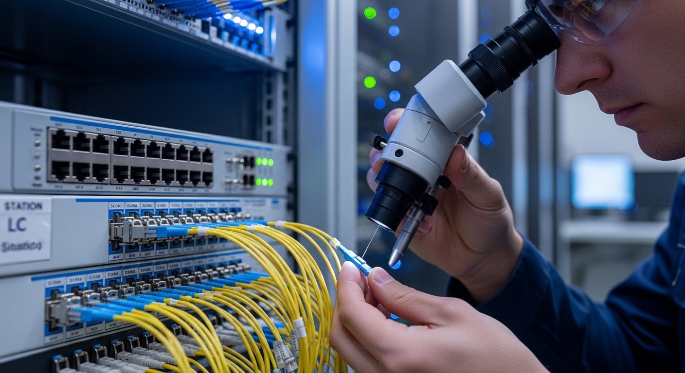 A high-resolution photography scene inside an industrial control room: a rack-mounted Ethernet switch with multiple SFP+ cage