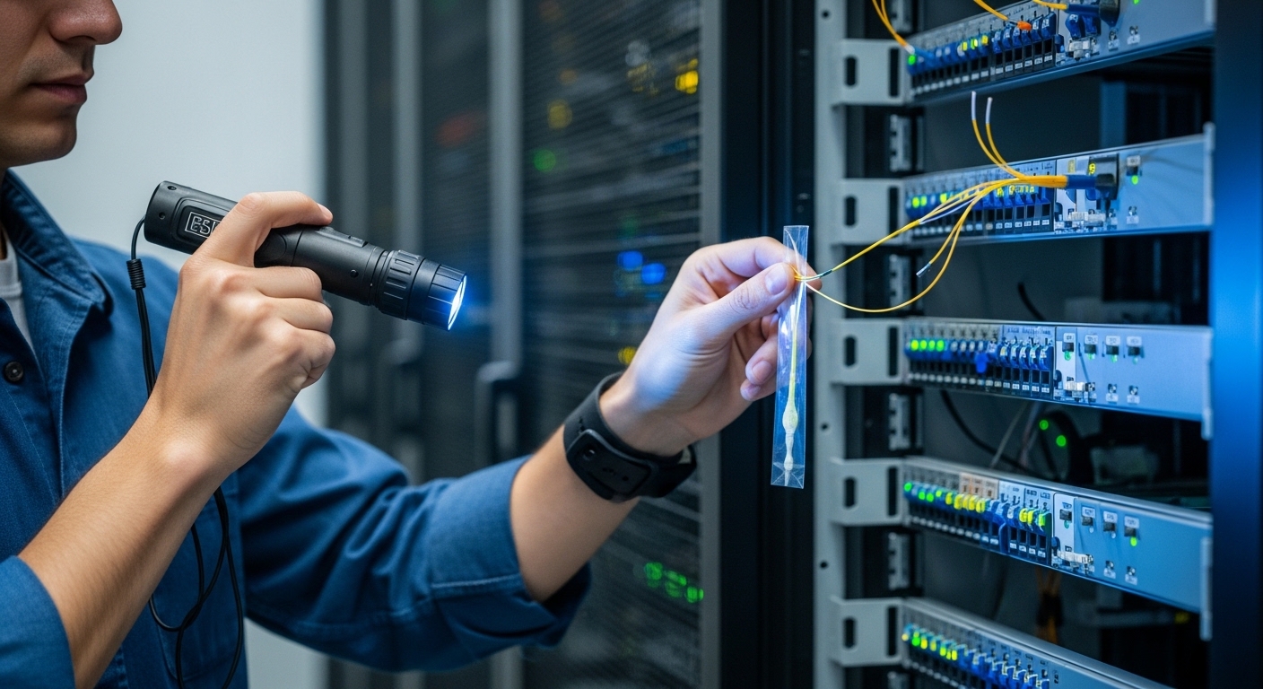 Realistic lifestyle photo style of a data center aisle, engineer wearing ESD wrist strap inspecting fiber patch panel with a 