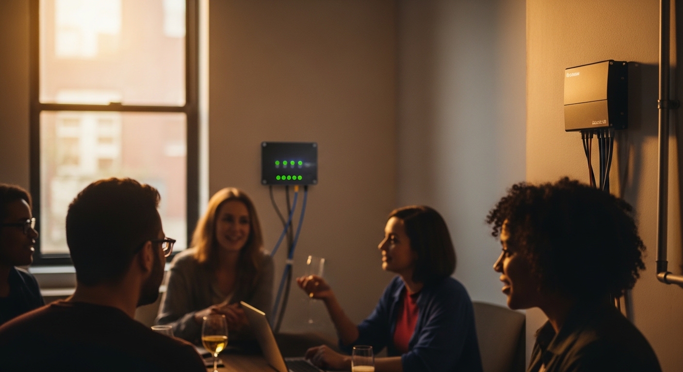 Lifestyle scene featuring utility meter network, Fiber Optic Transceiver for Smart Grid AMI Networks, warm ambient light, can