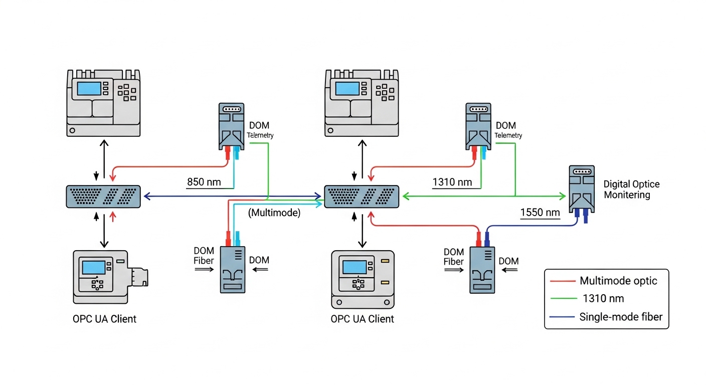 Clean vector illustration of an OT network topology: OPC UA clients and PLCs connected via Ethernet switches using SFP optics