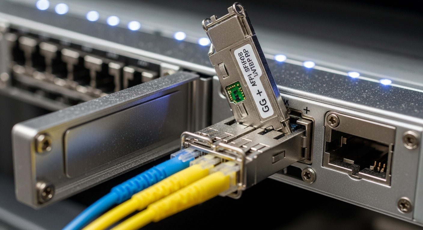 Close-up photography of an open SFP cage inside a satellite baseband rack, showing a 10G SFP+ module seated at a slight angle