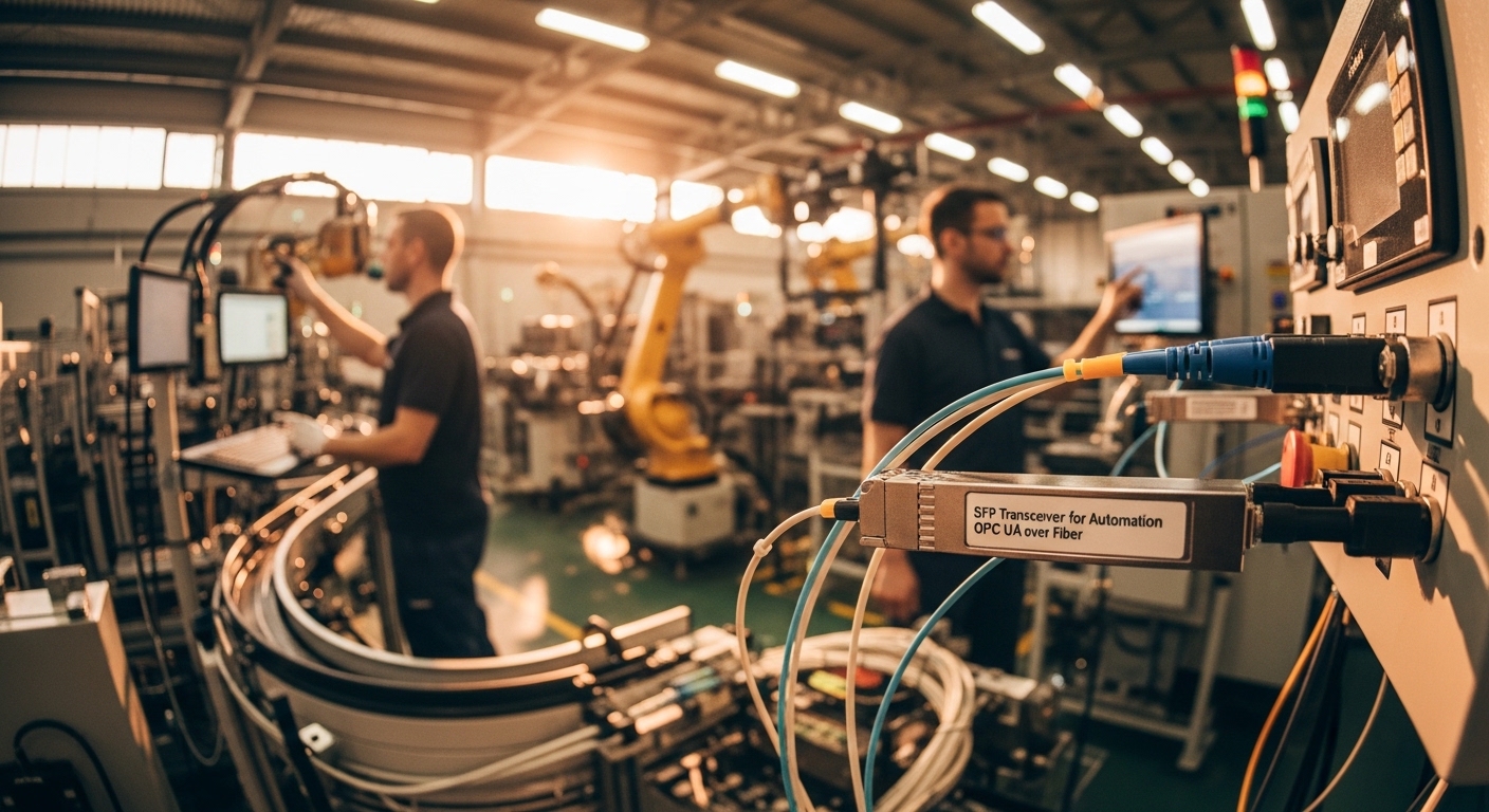 Lifestyle scene featuring factory automation fiber, SFP Transceiver for Automation OPC UA over Fiber, warm ambient light, can
