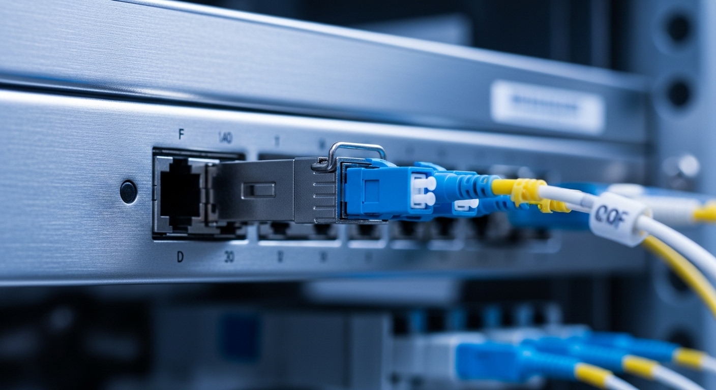 Photorealistic close-up of an SFP transceiver plugged into a fiber switch port inside a stainless steel accelerator equipment