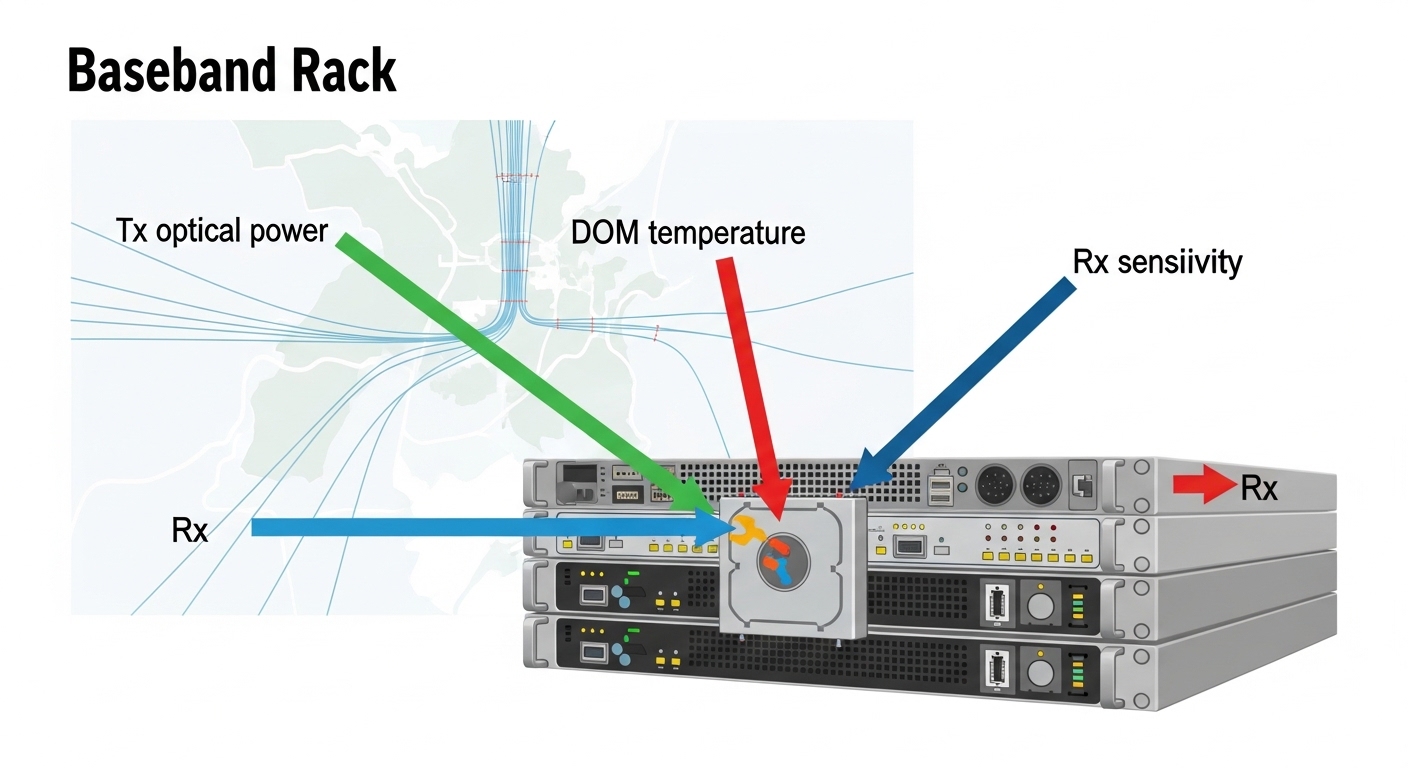 Vector illustration concept art showing a satellite baseband rack as a diagram, with arrows labeled Tx optical power, Rx sens