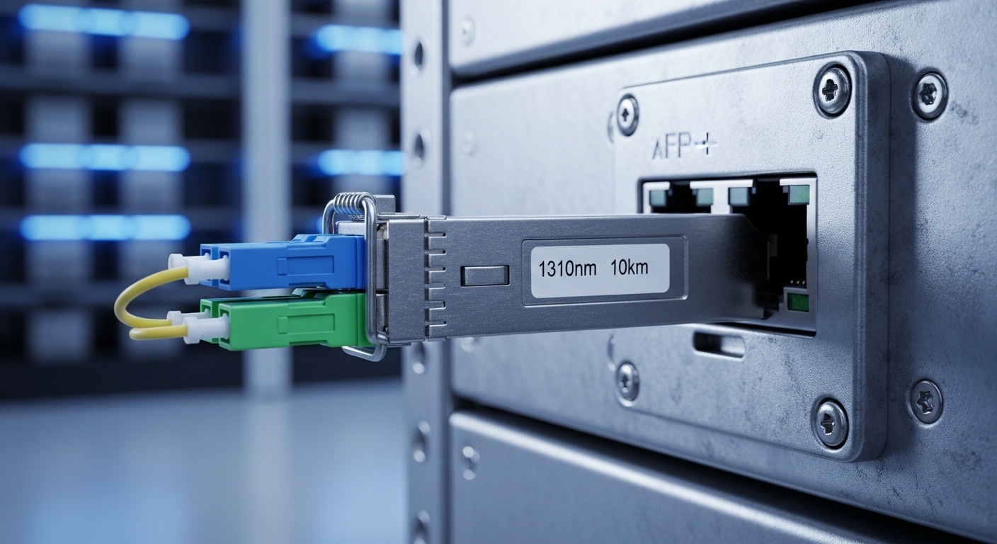 Photorealistic close-up of an SFP+ transceiver plugged into a rugged tape library network port, showing LC fiber connectors a
