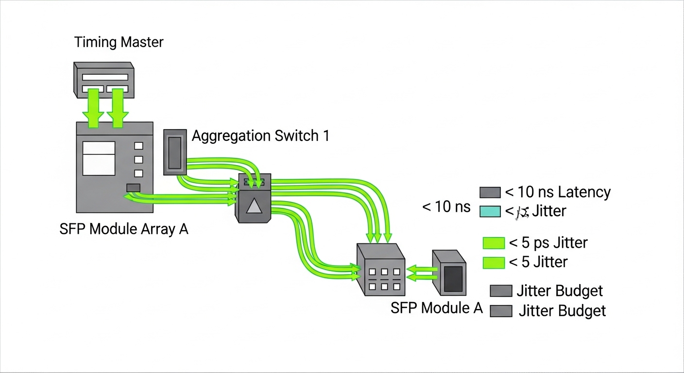 Illustrated systems diagram showing a particle accelerator fiber network with timing master, aggregation switches, and SFP mo