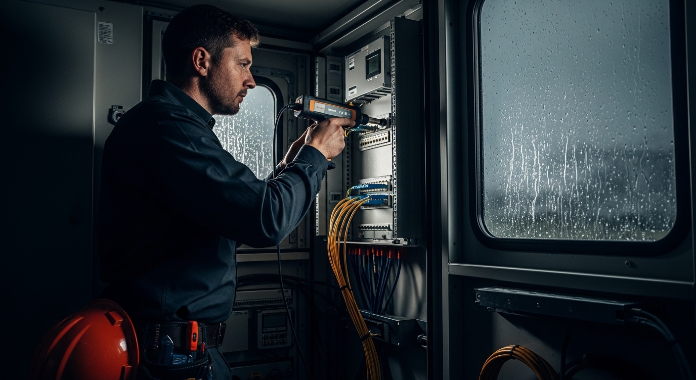 Lifestyle scene photography of an engineer in a weatherproof enclosure, holding a fiber inspection scope above an LC connecto