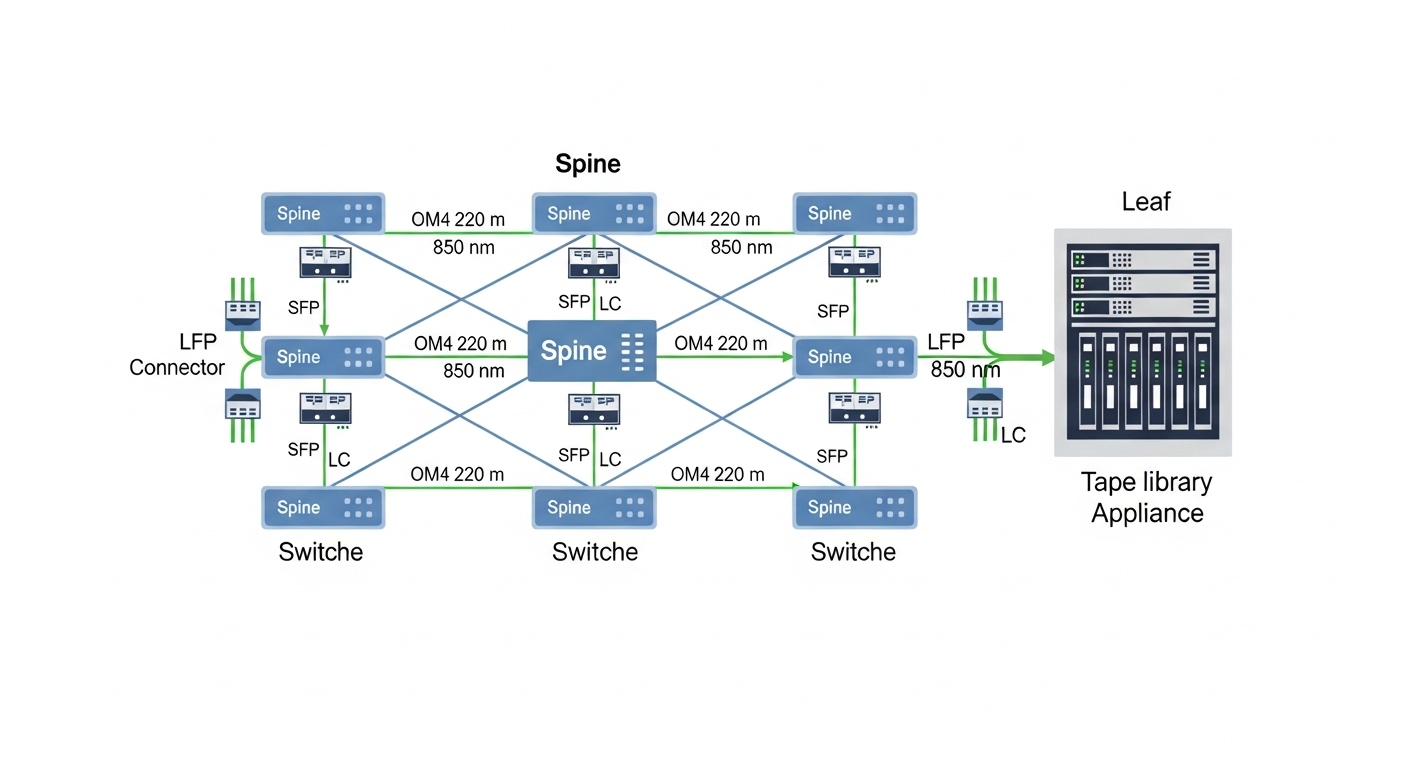 Illustrated network diagram in a clean flat style showing leaf-spine switches, a tape library appliance, and fiber links labe