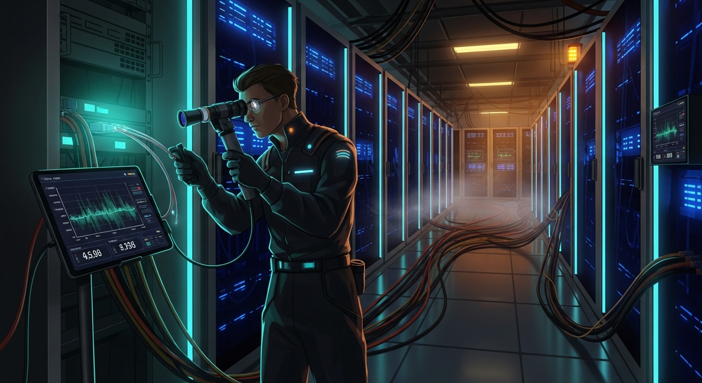 Concept art style scene inside a datacenter-like accelerator annex, a technician holding a fiber inspection scope while a das