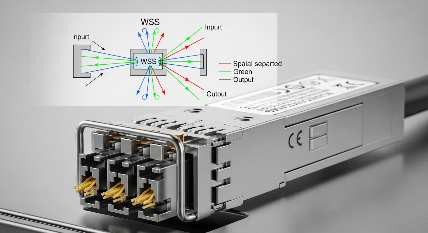 A photorealistic close-up of a pluggable optical switching transceiver module inserted into a fiber switch port, with a semi-