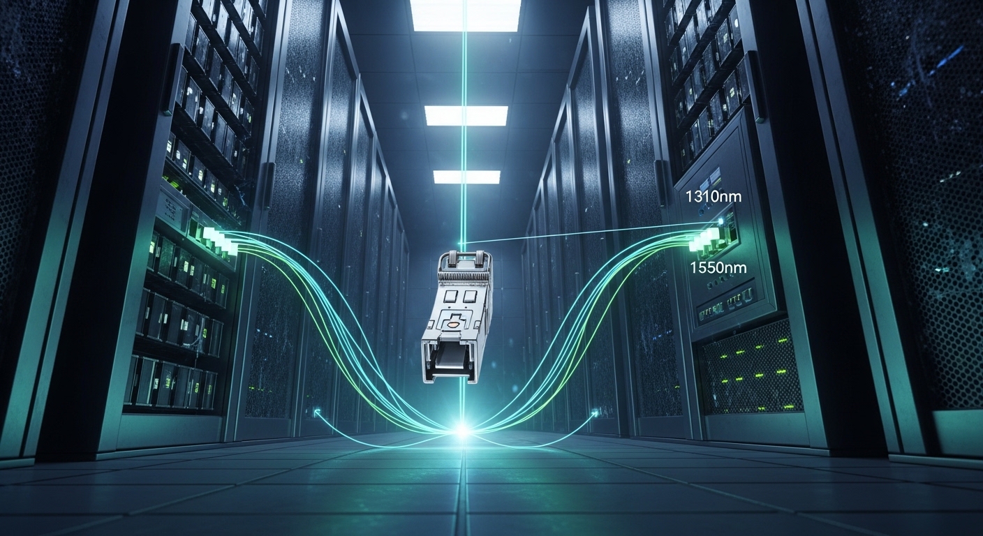 Concept art scene of a data center cold-storage vault, with glowing fiber lines connecting a tape library rack to a network s