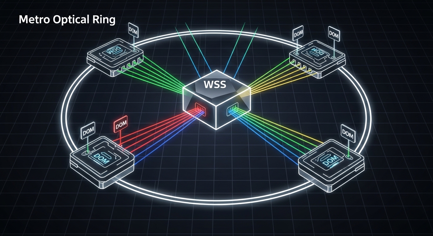 Concept art illustration of a metro optical ring diagram, showing a WSS node as a prism-like block with multiple colored wave