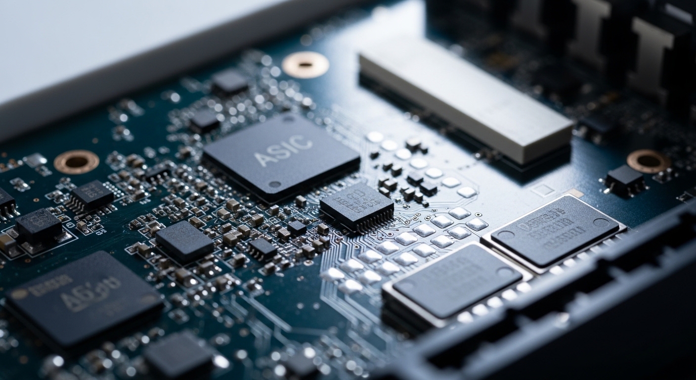 A photorealistic macro photograph of a data center switch PCB with a visible optical engine area near the ASIC package, shall