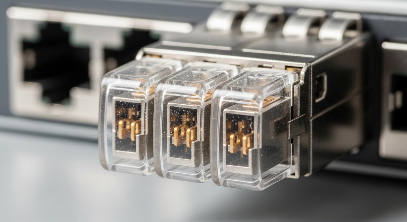 A high-resolution macro photography shot of an 800GbE QSFP-DD optical transceiver plugged into a network switch port, showing
