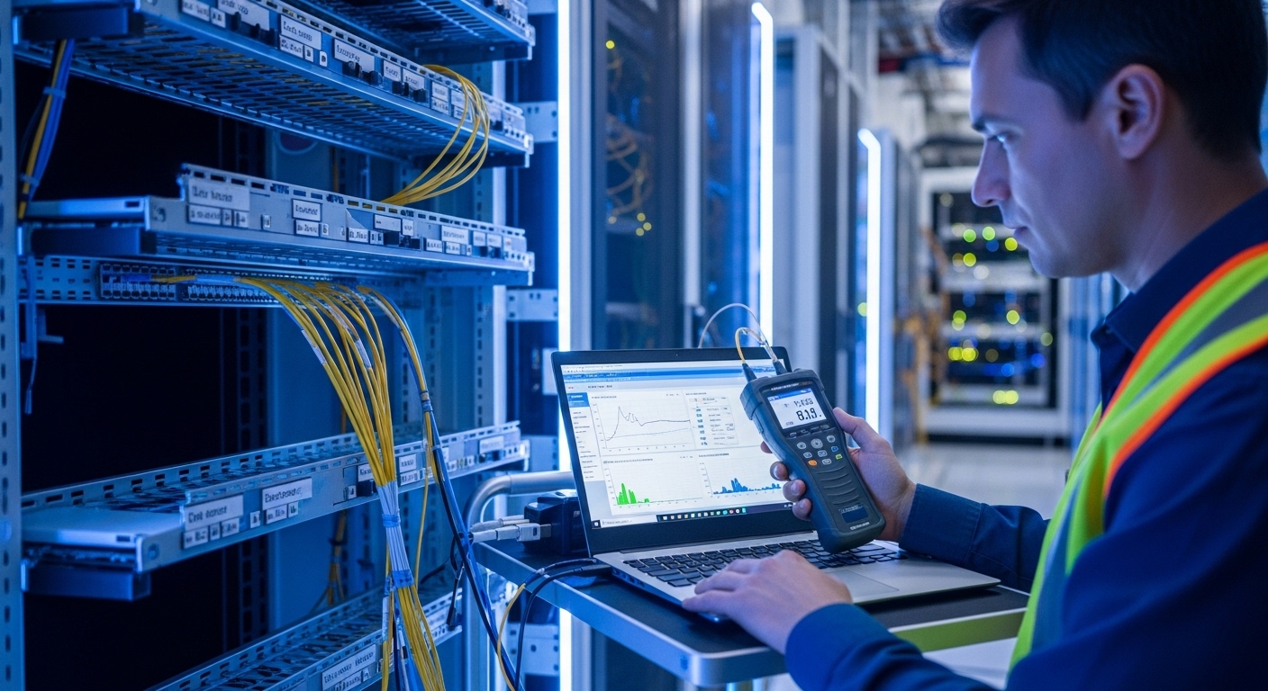 Lifestyle scene of a field engineer in a data center aisle using a handheld optical power meter and laptop connected to DOM t