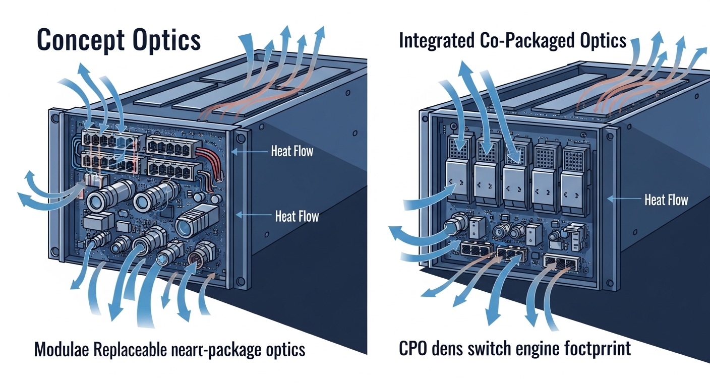 Concept art illustration showing two side-by-side rack layouts: left rack uses a modular near-package optics approach with vi