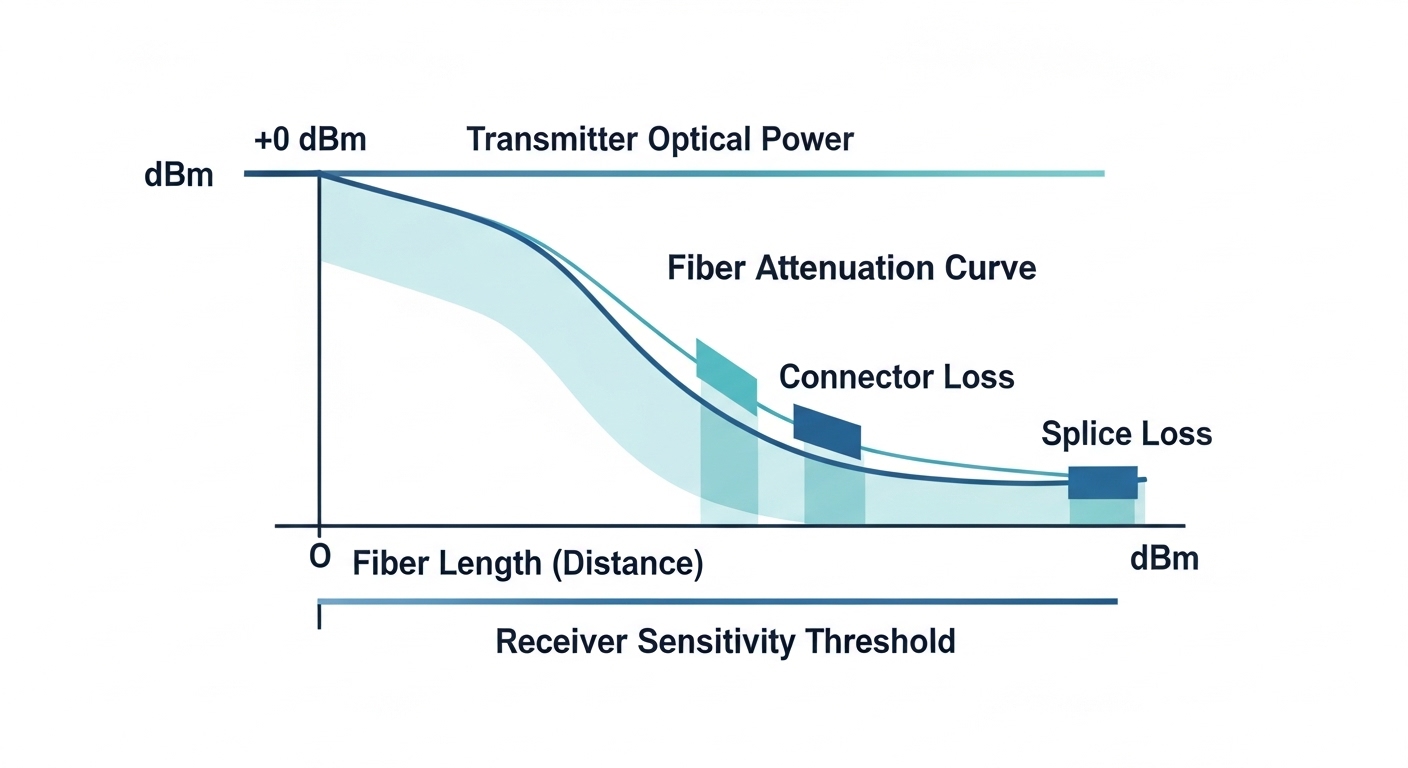Clean vector illustration showing a fiber link budget diagram: transmitter optical power, fiber attenuation curve, connector 