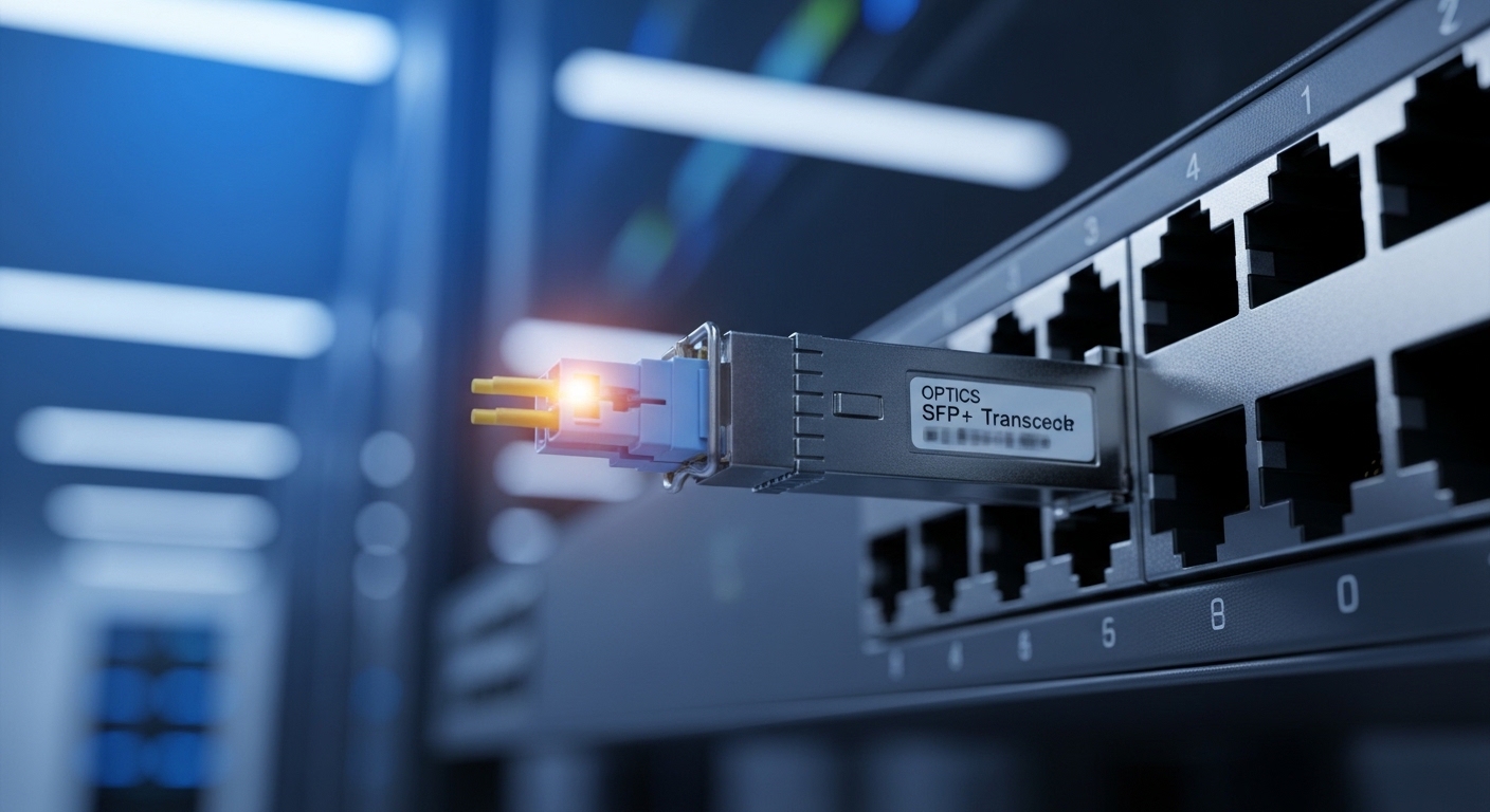 Photorealistic close-up of an SFP+ transceiver with a visible LC duplex fiber connector, mounted on a rack switch port in a d