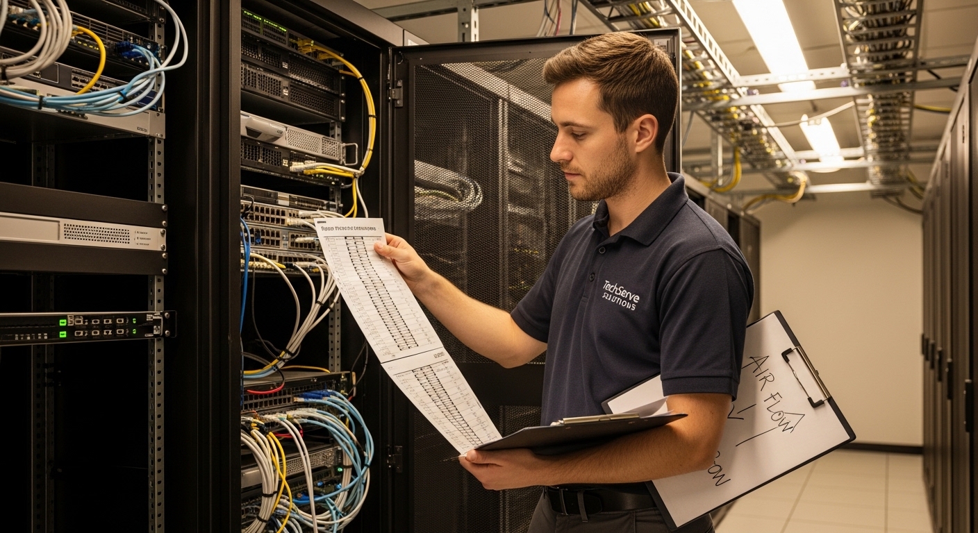 Lifestyle-style photo of a field engineer in a server room holding a fiber patch panel label sheet, standing next to an open 