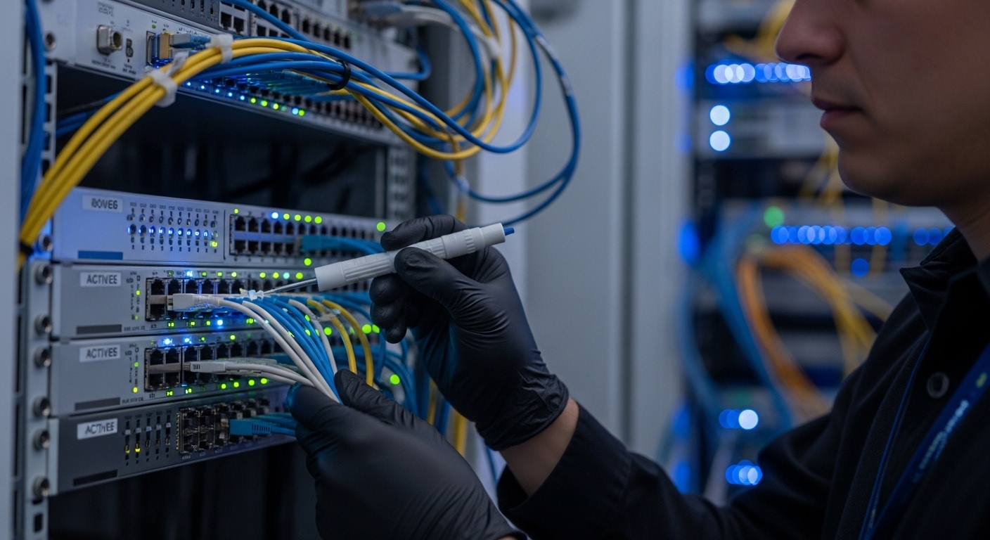 Photorealistic lifestyle scene in a network operations center: an engineer wearing ESD-safe gloves holds a fiber cleaning kit