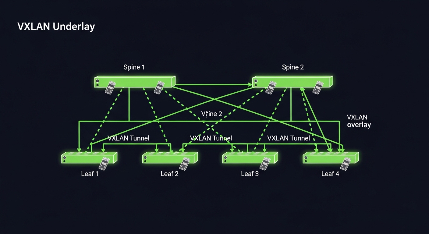 Conceptual illustration of a VXLAN underlay network diagram; layered view showing leaf-spine switches, dotted VXLAN tunnels o