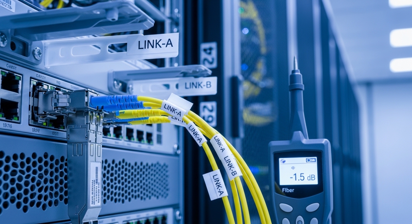 Close-up photography of a server rack row in a data center, showing two 100G QSFP28 transceivers seated in network switch por