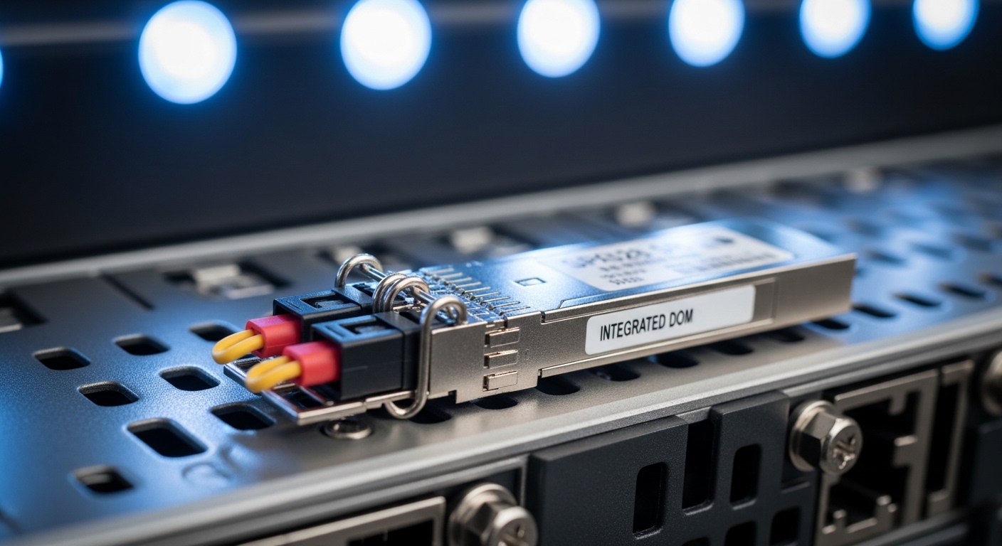 Close-up macro photography of an SFP28 SR transceiver module with integrated DOM label on a server NIC faceplate, LC fiber co