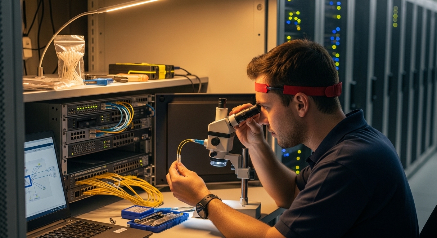 Photorealistic lifestyle scene in a server room maintenance bay; a field engineer wearing ESD strap uses a fiber microscope a