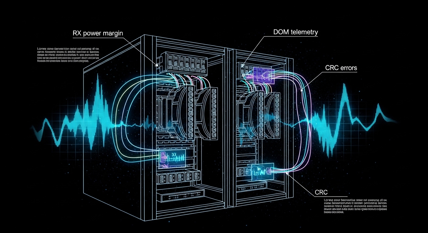 Engineering illustration concept art showing an Azure Stack HCI rack with leaf switches, arrows labeled “RX power margin,” “D