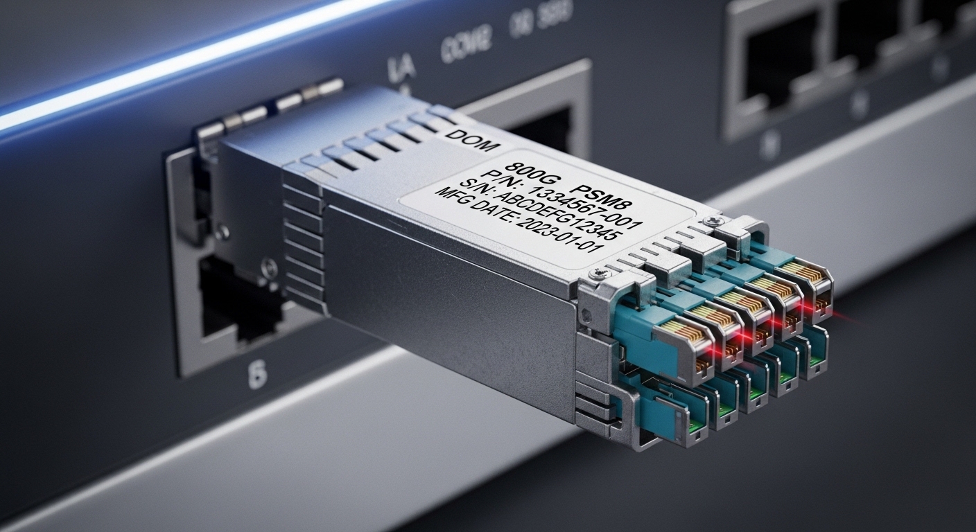 Close-up product photography of an 800G parallel-fiber transceiver module seated in a data center switch port, showing MPO/MT