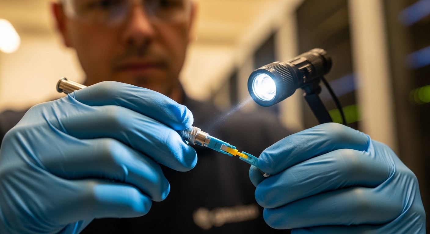 Lifestyle-style documentary photo of a field engineer wearing ESD-safe gloves cleaning an LC fiber connector with inspection 