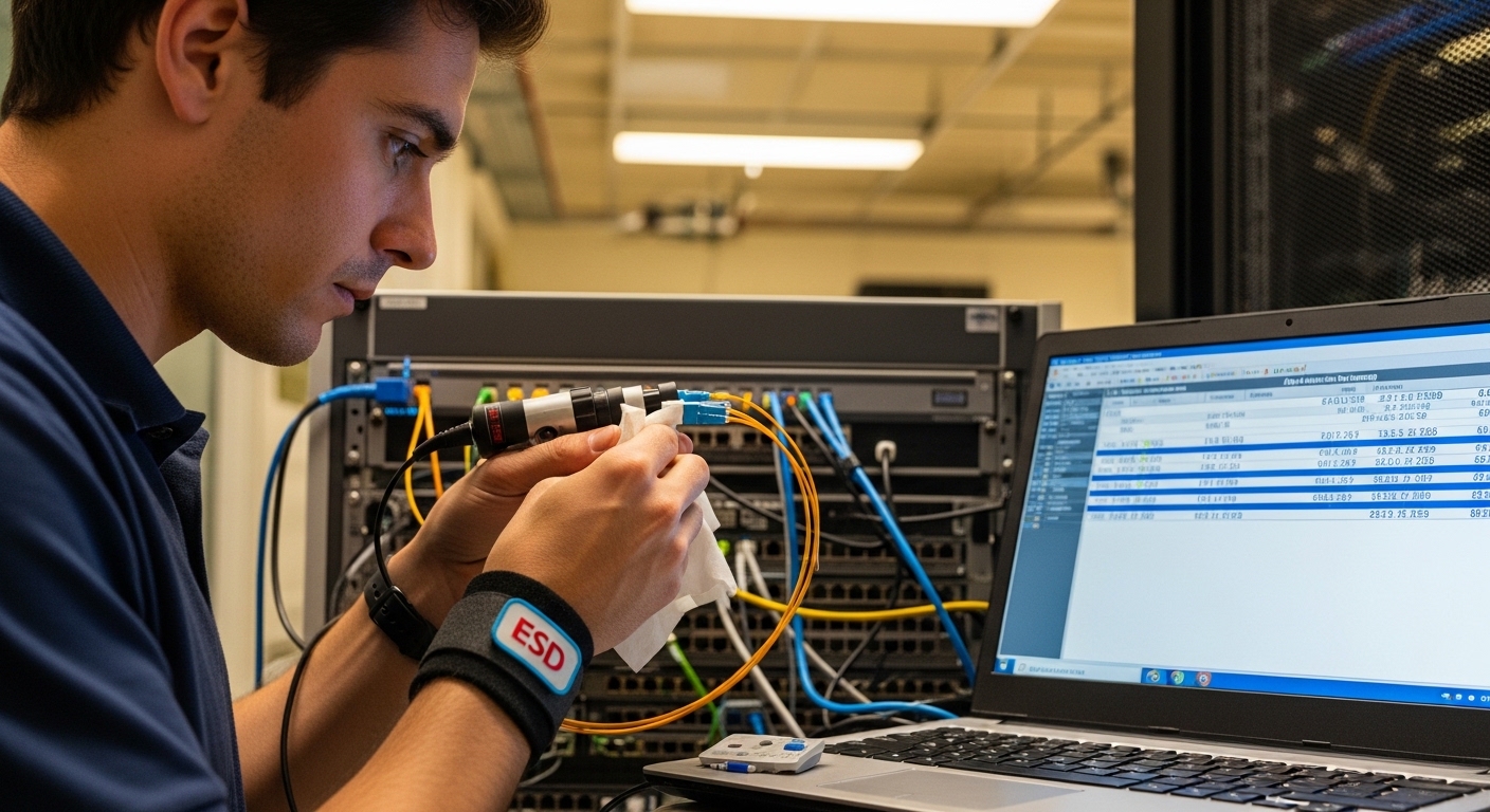 Realistic lifestyle scene in a server room, showing a field engineer wearing ESD wrist strap cleaning LC duplex connectors wi
