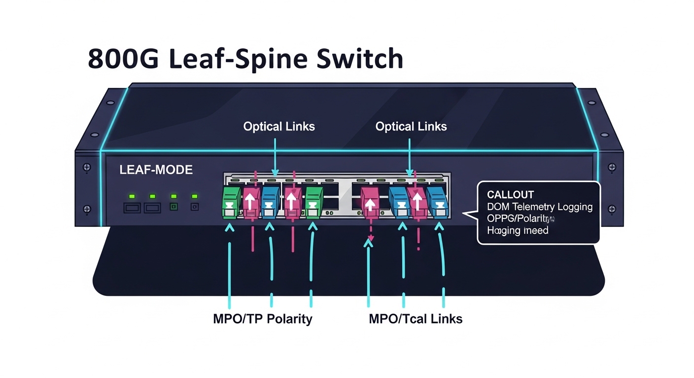 Illustrated diagram showing an 800G leaf-spine switch with four labeled optical links, arrows indicating MPO/MTP polarity map