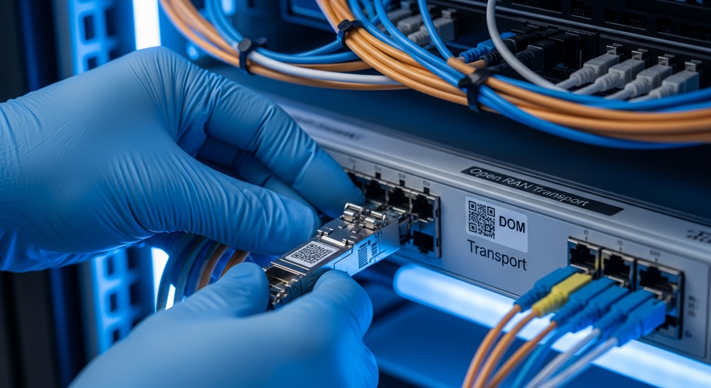 Photorealistic close-up of a telecom rack in a carrier-grade data center; an engineer’s hands inserting a QSFP28 transceiver 