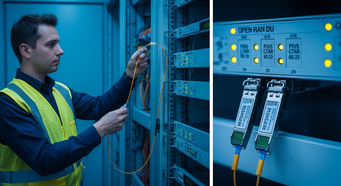 A high-resolution lifestyle photo inside a telecom equipment room: a technician in hi-vis vest holding an LC fiber patch cabl