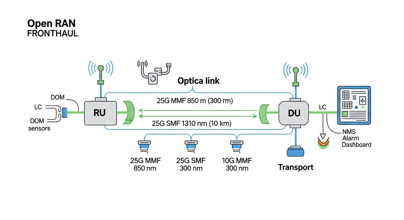 Clean technical illustration in flat vector style: a diagram showing an Open RAN fronthaul path from RU to DU to transport, w