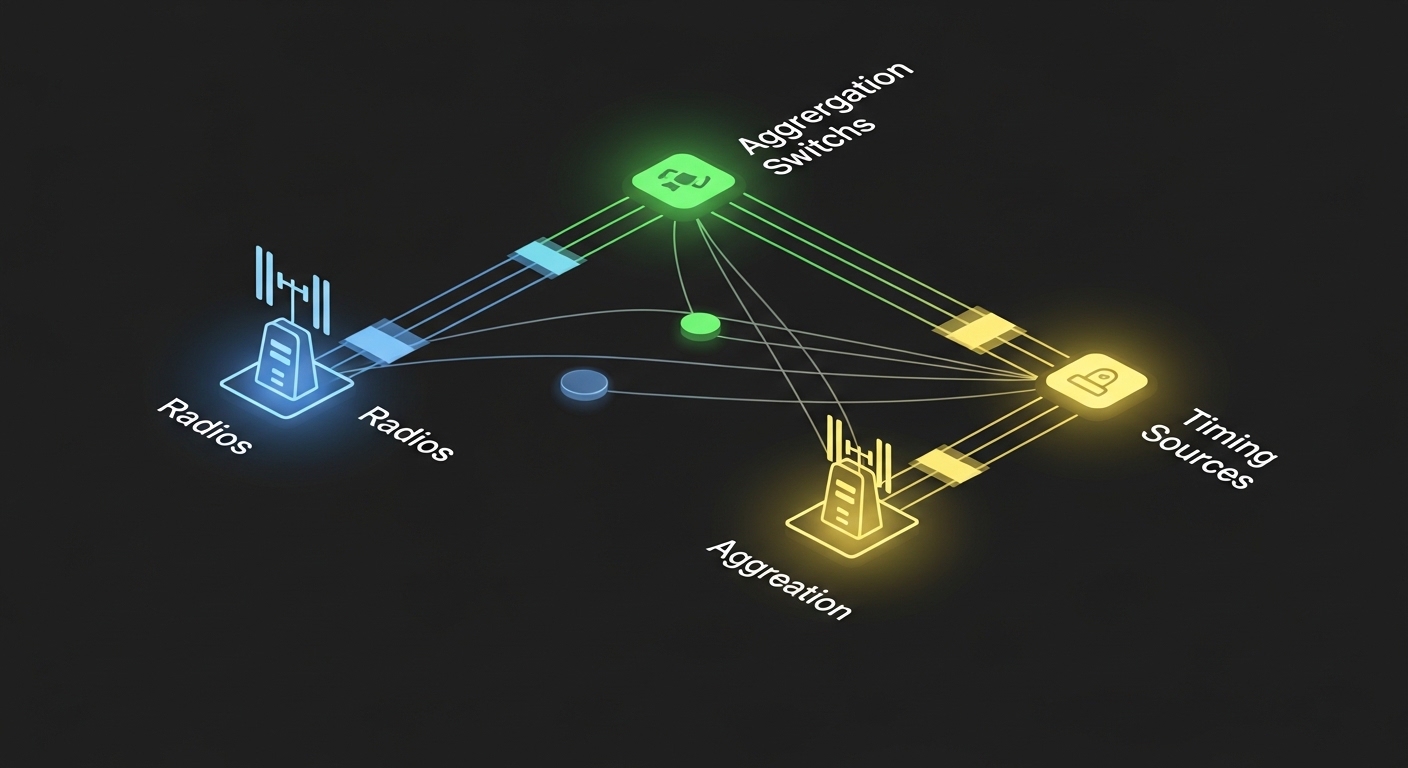 Minimalist concept illustration of an Open RAN transport graph; glowing nodes representing radios, aggregation switches, and 
