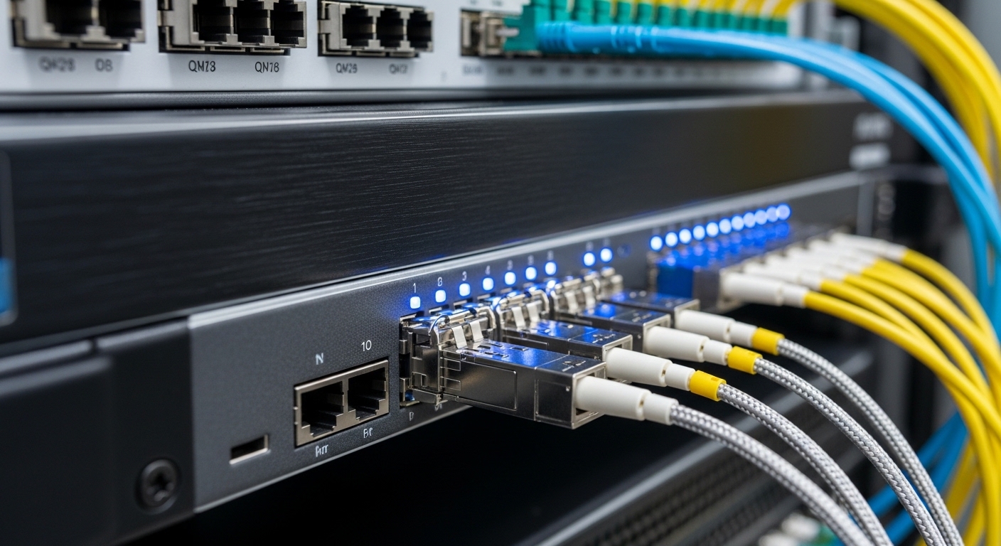 A photorealistic close-up of a rack-mounted AI server network switch with visible QSFP28 and SFP28 transceivers seated in por
